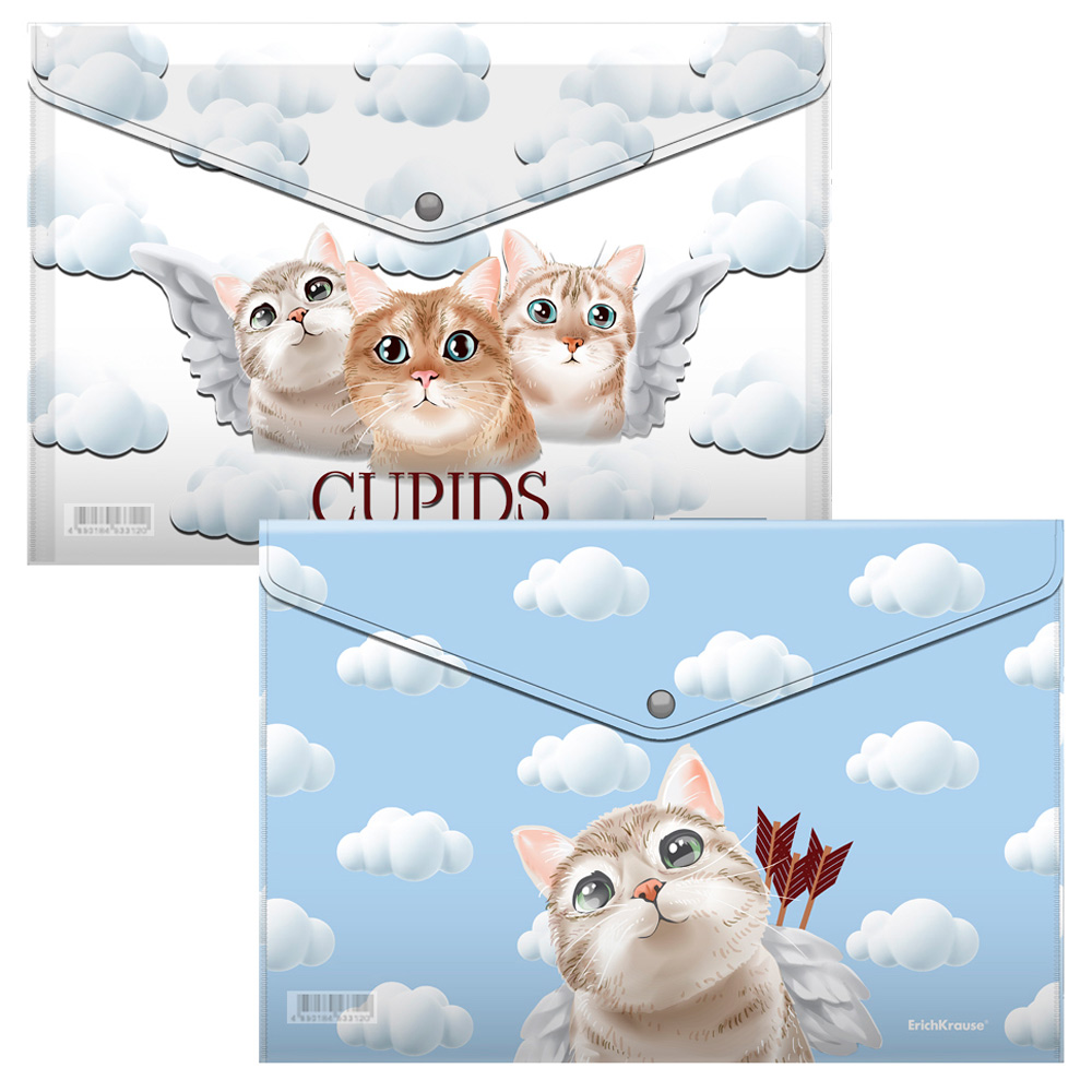 Набор из 4 папок-конвертов на кнопке пластиковых ErichKrause Cupids, A4, ассорти 55097