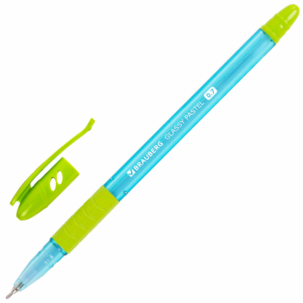Ручка шариковая синяя масляная с грипом BRAUBERG GLASSY PASTEL MIX 144105